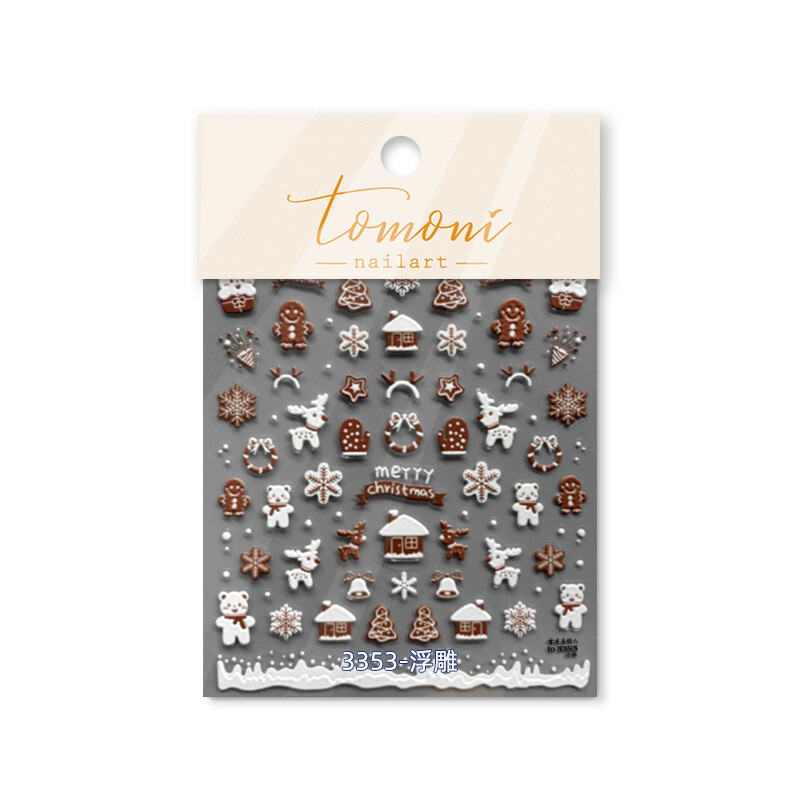 5D ρεαλιστική ανακούφιση Λευκός καφές νιφάδα χιονιού Snowy House Gingerbread Man Αυτοκόλλητα νυχιών τέχνης Αυτοκόλλητα Χαλκομανίες μανικιούρ X'mas Charms