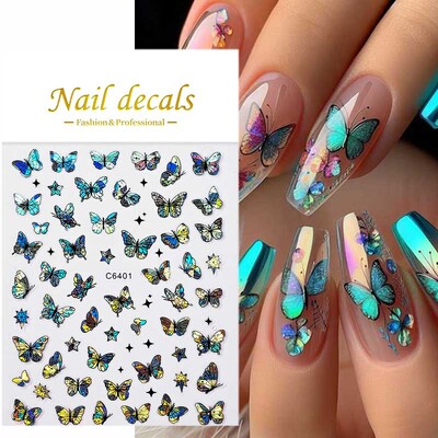1db 3D Aurora Laser Butterfly Nail Art matricák Fényes Holografikus Pillangók Körömmatricák 8*10cm Öntapadó körömdíszek