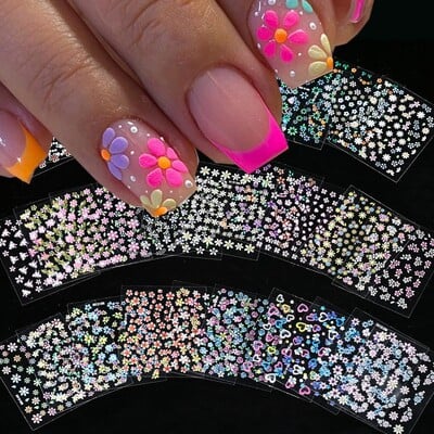 3D πολύχρωμα λουλούδια Cherry Blossoms Rose Daisy Nail Decals 20/30/60/70/90 τμχ Cute Heart Nail Sticker Manicure 5,5*6cm