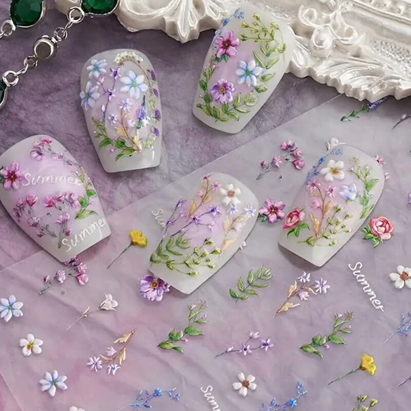 1 τμχ Αυτοκόλλητα νυχιών λουλουδιών Καλοκαιρινό λουλουδάτο φυτό 5D ανάγλυφο συρόμενο αυτοκόλλητο αυτοκόλλητο προμήθειες νυχιών Διακόσμηση μανικιούρ