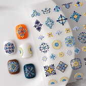 1PC Bohemia Nail Art naljepnice 5D Bohemia naljepnice za nokte Decal apstraktni dizajn Retro plavo žuti cvijet samoljepljivi pribor za nokte