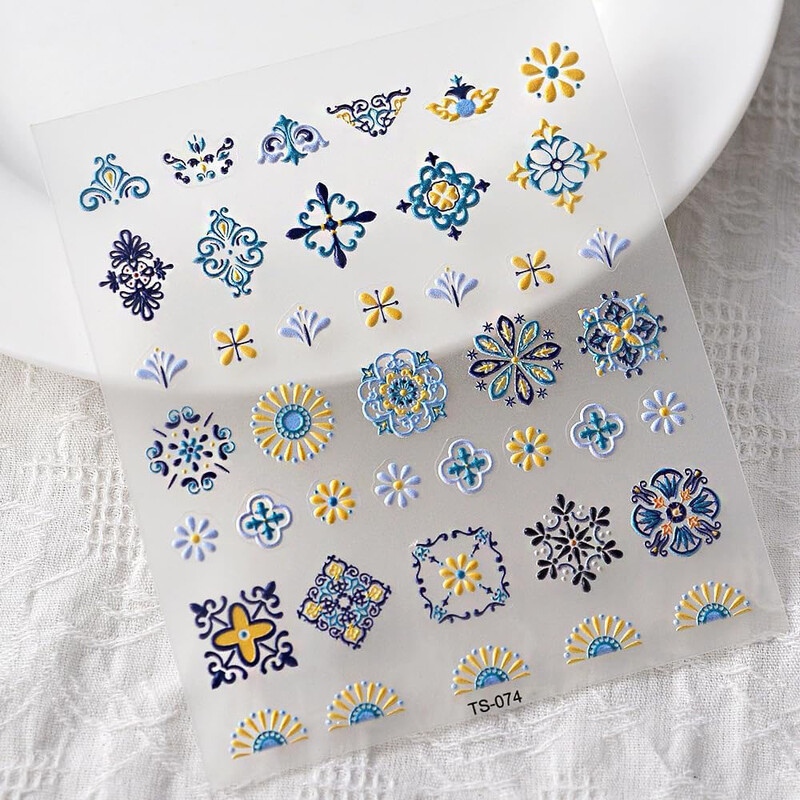 1PC Bohemia Nail Art naljepnice 5D Bohemia naljepnice za nokte Decal apstraktni dizajn Retro plavo žuti cvijet samoljepljivi pribor za nokte