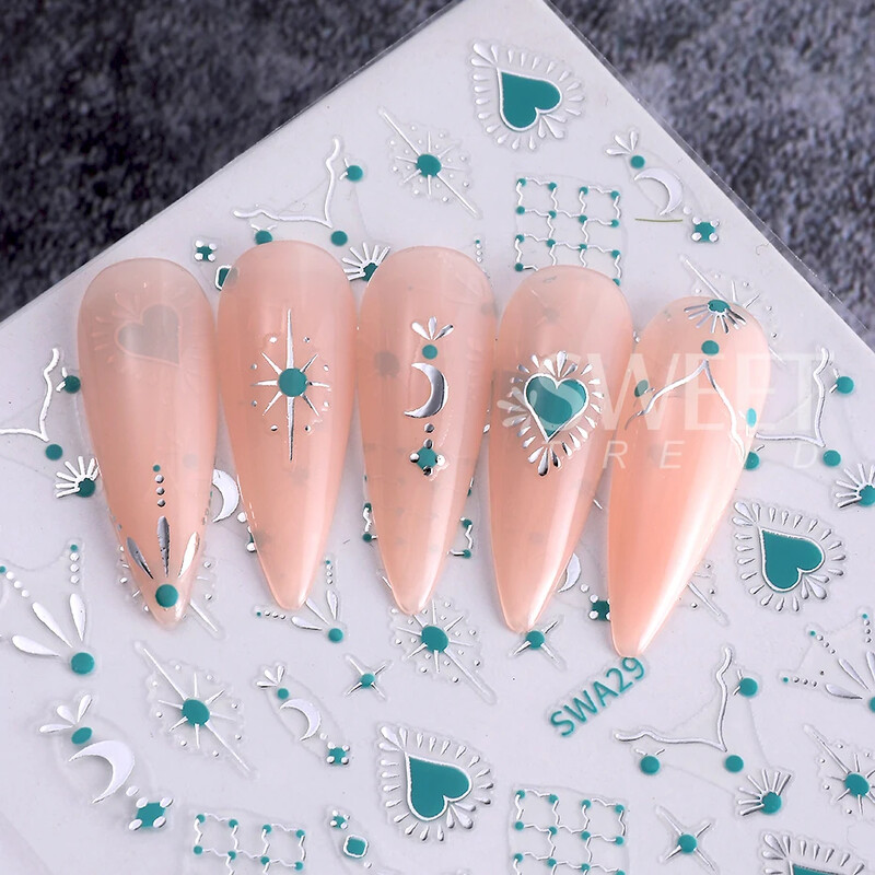 3D auksinė sidabrinė žvaigždė Saulės mėnulis bronzuojantis nagų dailės lipdukas Holografinis Bohemijos nagų lipdukas Lipnus slankiklis Dekoracijos manikiūras