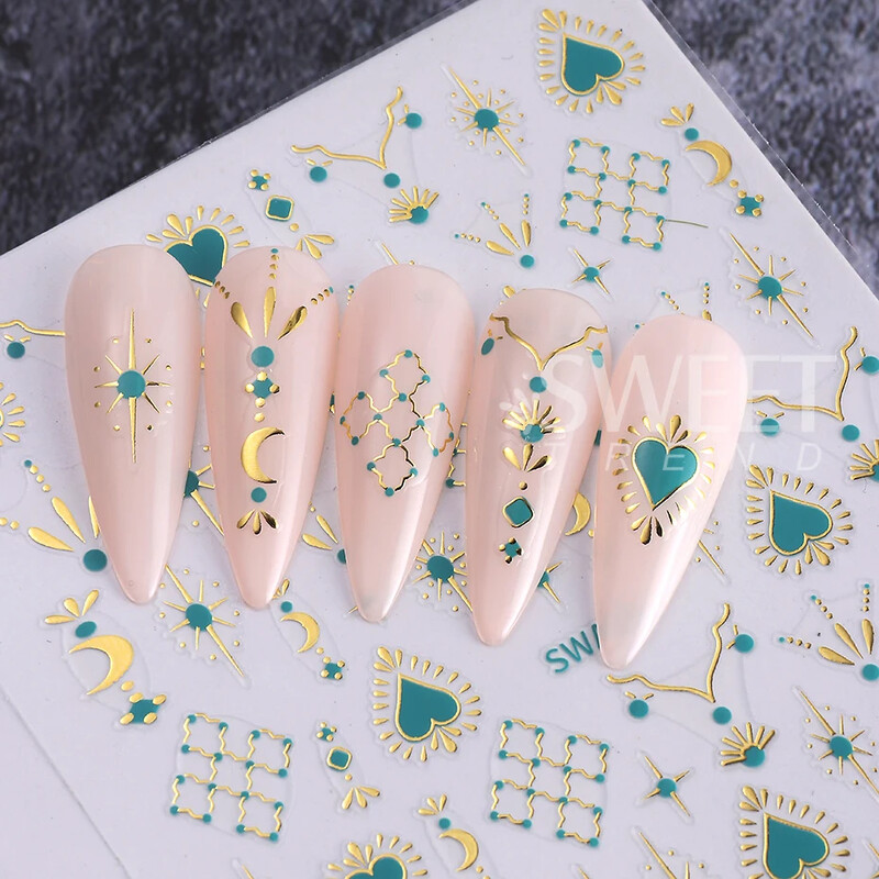 3D auksinė sidabrinė žvaigždė Saulės mėnulis bronzuojantis nagų dailės lipdukas Holografinis Bohemijos nagų lipdukas Lipnus slankiklis Dekoracijos manikiūras
