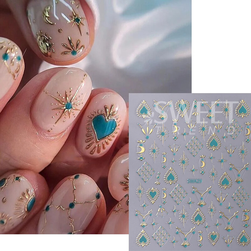 3D auksinė sidabrinė žvaigždė Saulės mėnulis bronzuojantis nagų dailės lipdukas Holografinis Bohemijos nagų lipdukas Lipnus slankiklis Dekoracijos manikiūras