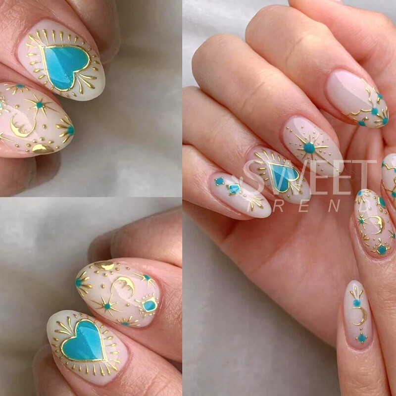 3D auksinė sidabrinė žvaigždė Saulės mėnulis bronzuojantis nagų dailės lipdukas Holografinis Bohemijos nagų lipdukas Lipnus slankiklis Dekoracijos manikiūras