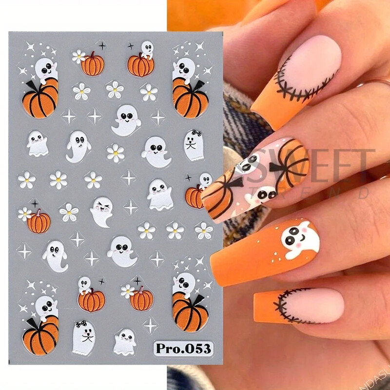 Αυτοκόλλητα καρτούν Ghost Pumpkin Nail Art Χαριτωμένα αποκριάτικα τρομακτικά Glamour Σχέδιο κρανίου αράχνης Ιστού Μαγικά αλουμινόχαρτα μανικιούρ για εορταστική διακόσμηση
