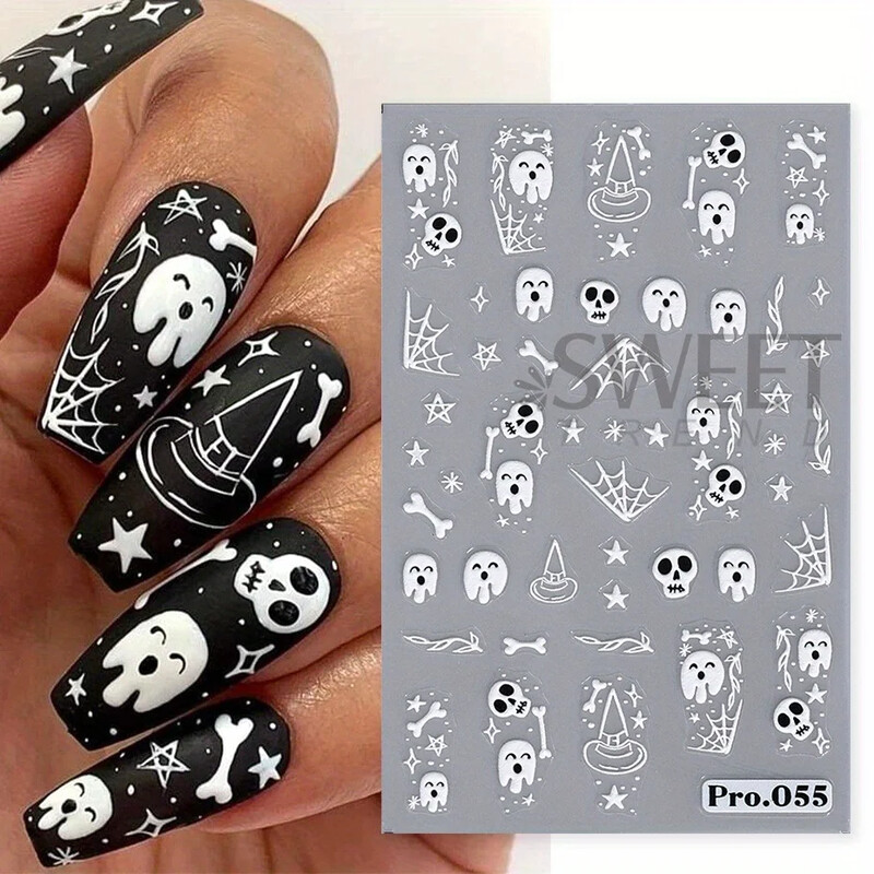 Αυτοκόλλητα καρτούν Ghost Pumpkin Nail Art Χαριτωμένα αποκριάτικα τρομακτικά Glamour Σχέδιο κρανίου αράχνης Ιστού Μαγικά αλουμινόχαρτα μανικιούρ για εορταστική διακόσμηση
