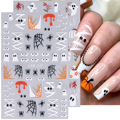 Autocolante 3D pentru unghii de Halloween Pansamente de mumie din desene animate Ochi fantome Dovleac Pânză de păianjen Picături de sânge DIY Decor de iarnă mat pentru unghii