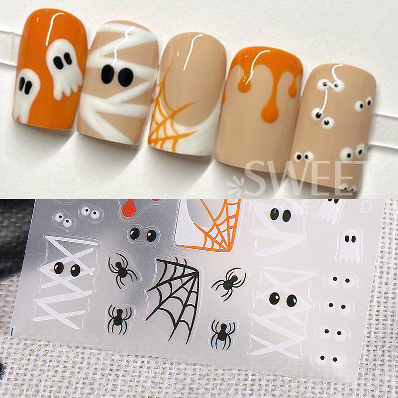 Τρισδιάστατα αυτοκόλλητα νυχιών αποκριών κινούμενα σχέδια Μούμια Επίδεσμοι Ghost Eyes Pumpkin Spider Blood Drops DIY Χειμερινή ματ διακόσμηση νυχιών