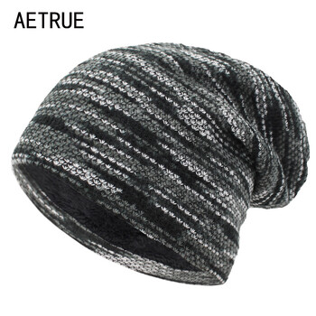 Плетена шапка AETRUE Дамски Skullies Beanies Зимни шапки за мъже Шапки с боне Раирани топли торбести меки женски вълнени шапки Beanie