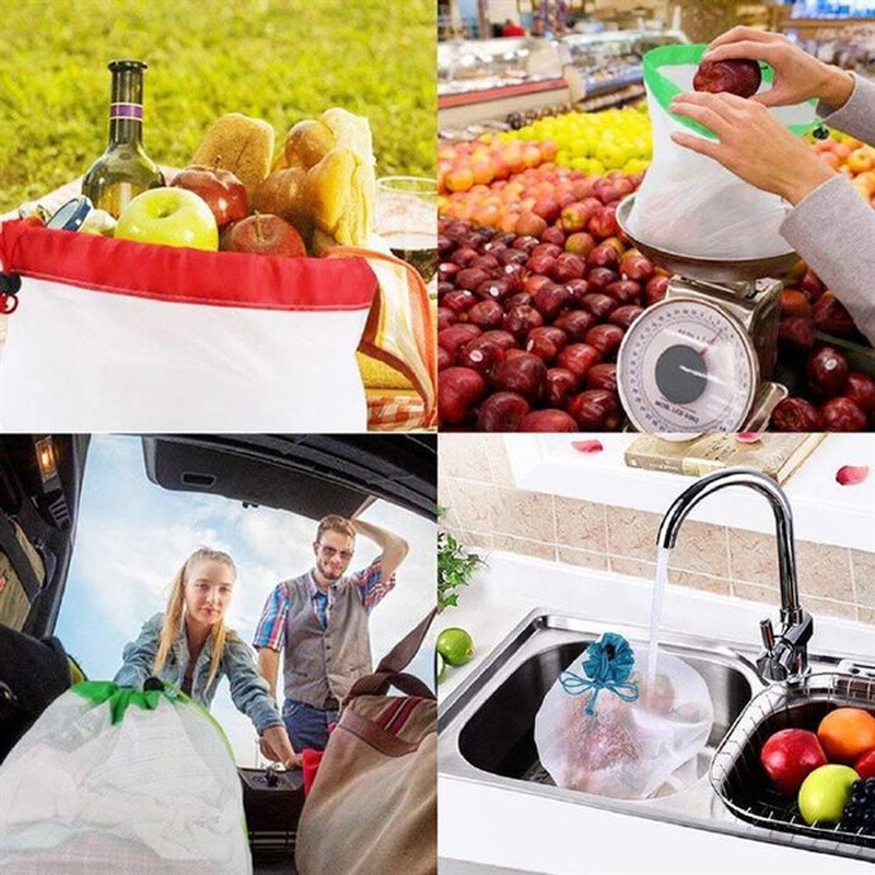 5 kom/set Mrežaste proizvodne vrećice za povrće i voće za višekratnu upotrebu Samoljepljive trake u boji Perive ekološke vrećice za spremanje igračaka i sitnica