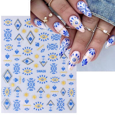 Αυτοκόλλητα 3D Bohemian Style Nail Art Μπλε γκλίτερ δαντέλα Mandala Πέταλα λουλουδιών Evil Eye French Line DIY Sliders Διακόσμηση για μανικιούρ