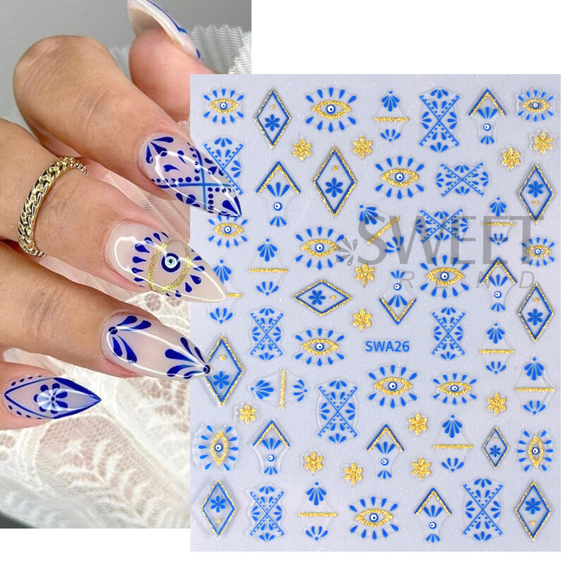 3D boemski stil Naljepnice za nokte Plava svjetlucava čipka Mandala Latice cvijeća Evil Eye Francuska linija DIY Manikura Klizači Dekoracija