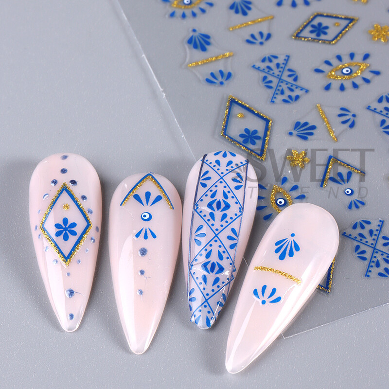 3D boemski stil Naljepnice za nokte Plava svjetlucava čipka Mandala Latice cvijeća Evil Eye Francuska linija DIY Manikura Klizači Dekoracija