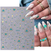 Metalik boemski stil Naljepnica za nokte Zlatno Srebrne Čipkane linije Zeleni dragulj Ljubavno srce 3D Holografski klizači za manikuru Ukrasi za nokte