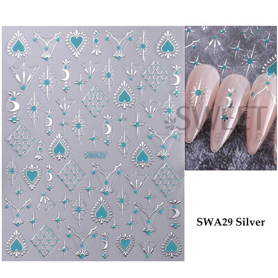 Metalik boemski stil Naljepnica za nokte Zlatno Srebrne Čipkane linije Zeleni dragulj Ljubavno srce 3D Holografski klizači za manikuru Ukrasi za nokte
