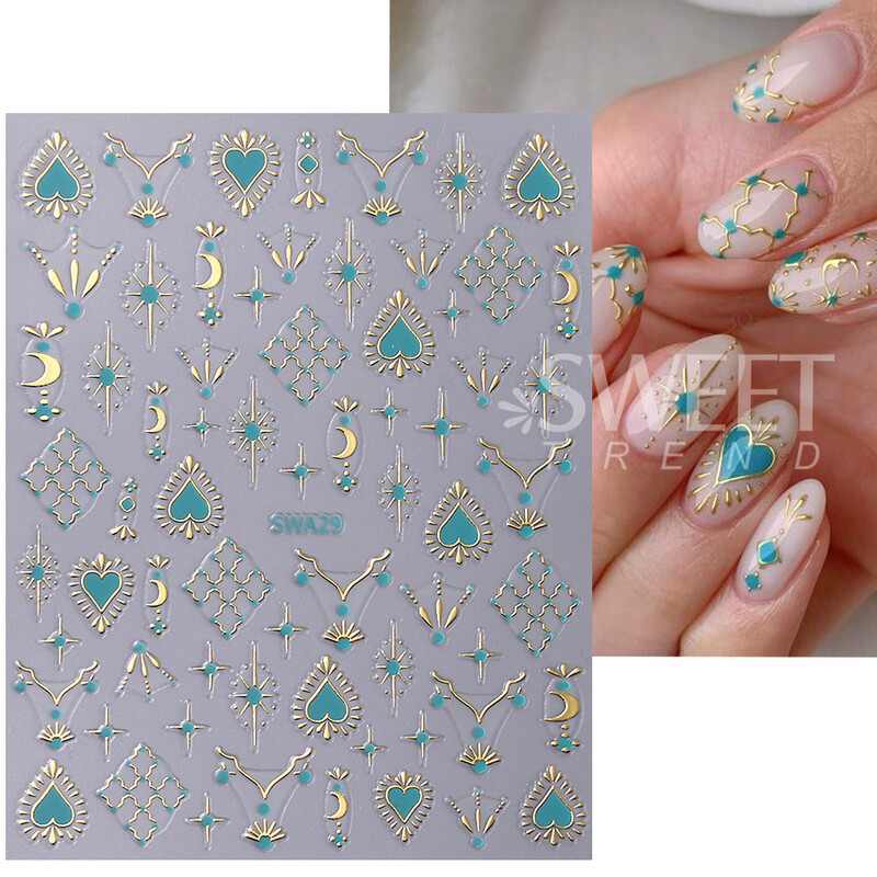 Metalik boemski stil Naljepnica za nokte Zlatno Srebrne Čipkane linije Zeleni dragulj Ljubavno srce 3D Holografski klizači za manikuru Ukrasi za nokte