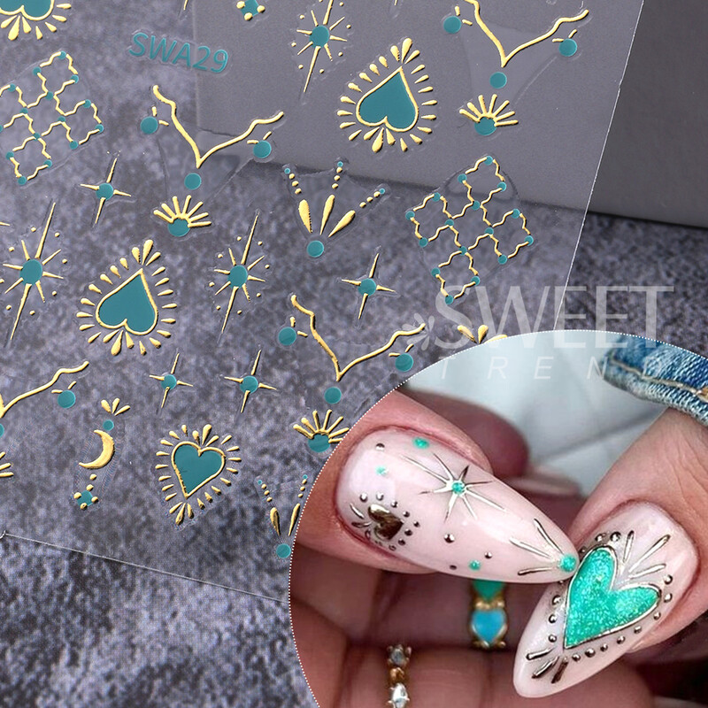 Metalik boemski stil Naljepnica za nokte Zlatno Srebrne Čipkane linije Zeleni dragulj Ljubavno srce 3D Holografski klizači za manikuru Ukrasi za nokte