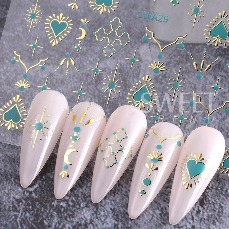 Metalik boemski stil Naljepnica za nokte Zlatno Srebrne Čipkane linije Zeleni dragulj Ljubavno srce 3D Holografski klizači za manikuru Ukrasi za nokte