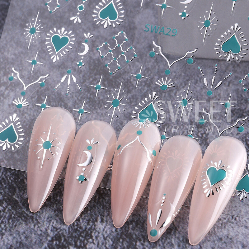 Metalik boemski stil Naljepnica za nokte Zlatno Srebrne Čipkane linije Zeleni dragulj Ljubavno srce 3D Holografski klizači za manikuru Ukrasi za nokte