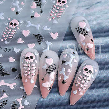 Αυτοκόλλητα με καρτούν Skull Halloween Nail Art Ροζ κόκκαλα Ghost Cat Moon Tree Owl γραμμές ρίγες Χειμερινά Χριστουγεννιάτικα Διακόσμηση μανικιούρ