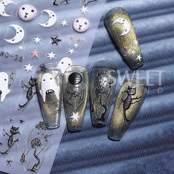 Αυτοκόλλητα με καρτούν Skull Halloween Nail Art Ροζ κόκκαλα Ghost Cat Moon Tree Owl γραμμές ρίγες Χειμερινά Χριστουγεννιάτικα Διακόσμηση μανικιούρ