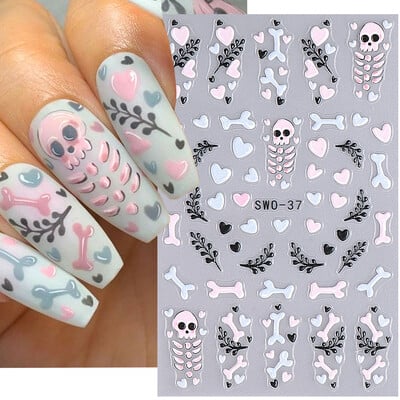 Αυτοκόλλητα με καρτούν Skull Halloween Nail Art Ροζ κόκκαλα Ghost Cat Moon Tree Owl γραμμές ρίγες Χειμερινά Χριστουγεννιάτικα Διακόσμηση μανικιούρ