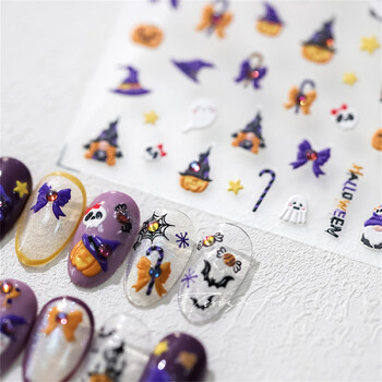 1 бр. 5D цветни кристали Kawaii Pumpkin Ghost Nail Art Хелоуин стикери Лепило за трансфер на нокти Декорация на нокти Аксесоари