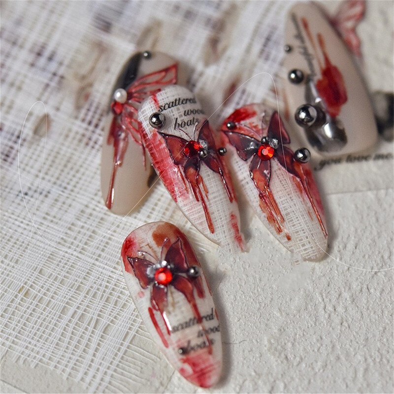 1 τμχ 5D Relief Red Retro Butterfly Nail Art Charms Αυτοκόλλητα Πολυτελή ακρυλικά διακοσμητικά νυχιών Αυτοκόλλητα DIY Διακοσμητικό για μανικιούρ συρόμενο