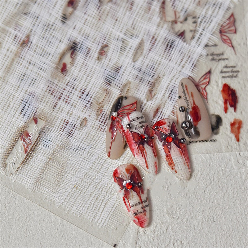 1 τμχ 5D Relief Red Retro Butterfly Nail Art Charms Αυτοκόλλητα Πολυτελή ακρυλικά διακοσμητικά νυχιών Αυτοκόλλητα DIY Διακοσμητικό για μανικιούρ συρόμενο