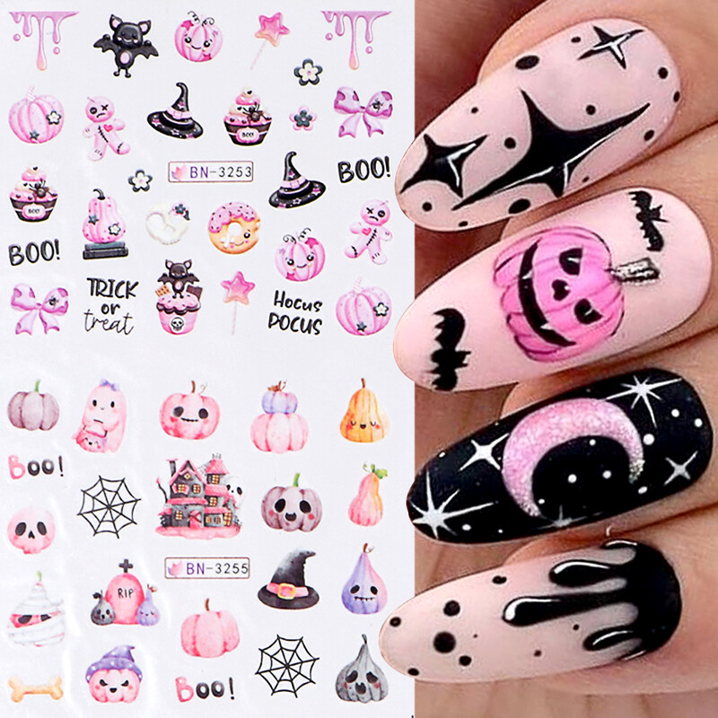 Autocolante de apă pentru unghii Decal de Halloween Fantomă din desene animate Frecati pe glisoare de transfer Gel cu decor cu lumină UV Accesorii pentru manichiură