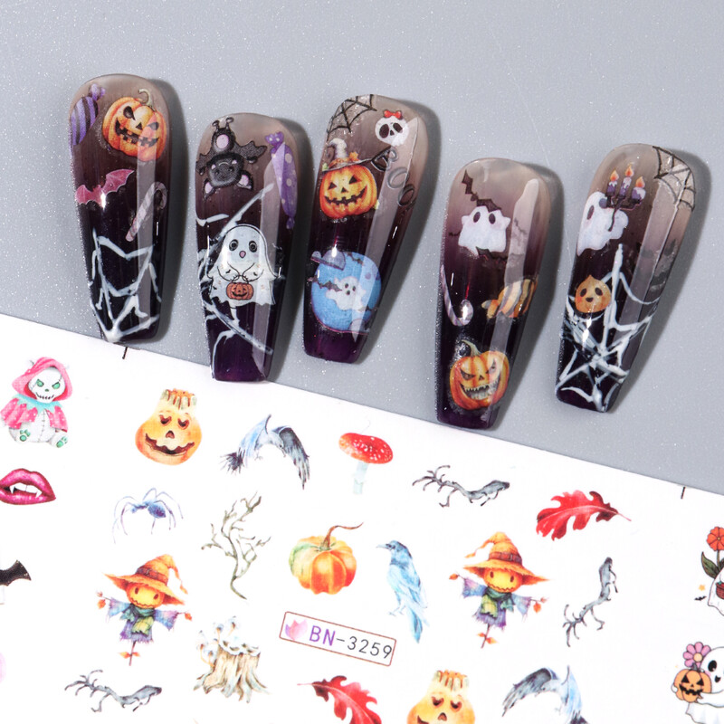 Autocolante de apă pentru unghii Decal de Halloween Fantomă din desene animate Frecati pe glisoare de transfer Gel cu decor cu lumină UV Accesorii pentru manichiură