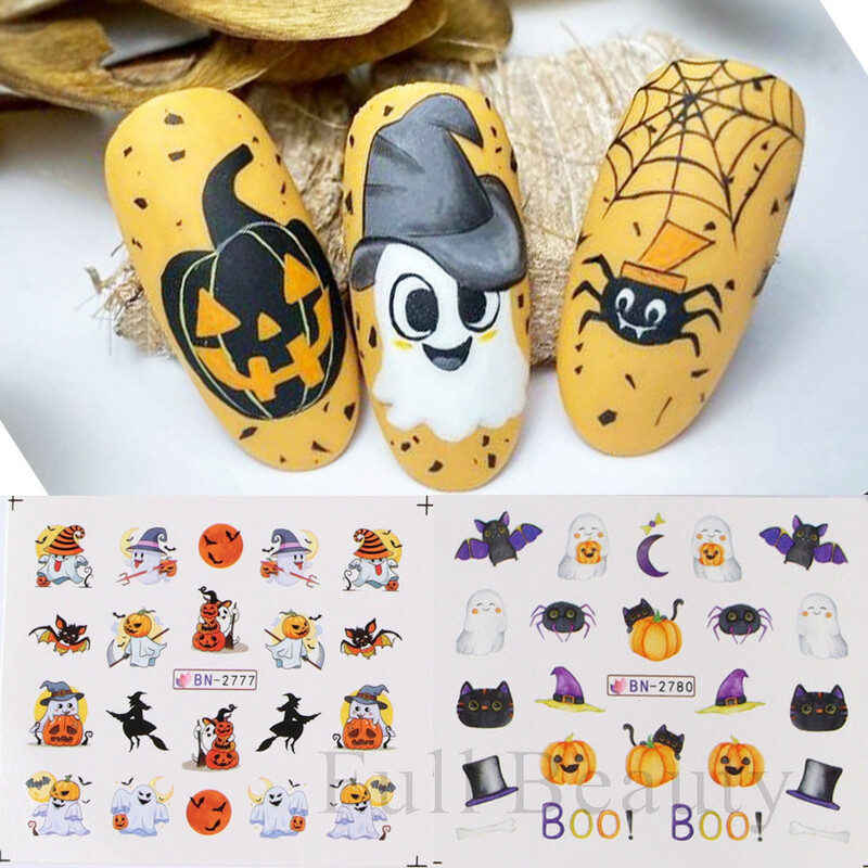 Halloween Pumpkin Ghost Nail Art Matricák Ghost Cat Víz matrica Csúszda Denevér Aranyos Szem Manikűr Tetoválás Dekoráció NFBN2773-2784