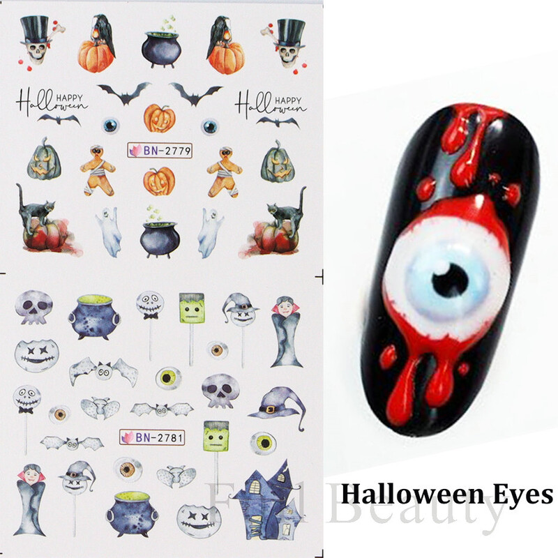 Halloween Pumpkin Ghost Nail Art Matricák Ghost Cat Víz matrica Csúszda Denevér Aranyos Szem Manikűr Tetoválás Dekoráció NFBN2773-2784