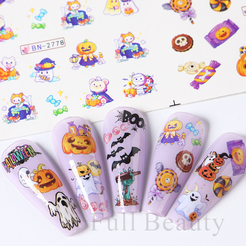 Halloween Pumpkin Ghost Nail Art Matricák Ghost Cat Víz matrica Csúszda Denevér Aranyos Szem Manikűr Tetoválás Dekoráció NFBN2773-2784