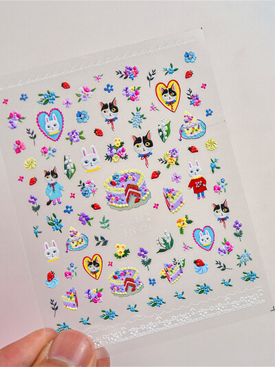 1 ΤΕΜ 5D αυτοκόλλητα νυχιών Lovely Rabbit Red Strawberry Μαλακά ανάγλυφα ανάγλυφα Αυτοκόλλητα αυτοκόλλητα νυχιών Αυτοκόλλητα για μανικιούρ