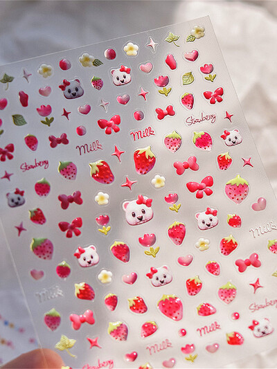 1 ΤΕΜ 5D αυτοκόλλητα νυχιών Lovely Rabbit Red Strawberry Μαλακά ανάγλυφα ανάγλυφα Αυτοκόλλητα αυτοκόλλητα νυχιών Αυτοκόλλητα για μανικιούρ