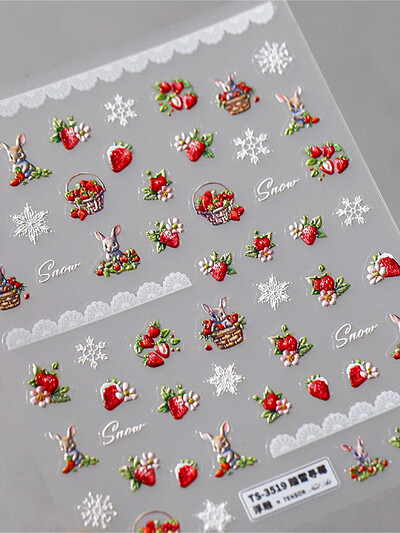 1 ΤΕΜ 5D αυτοκόλλητα νυχιών Lovely Rabbit Red Strawberry Μαλακά ανάγλυφα ανάγλυφα Αυτοκόλλητα αυτοκόλλητα νυχιών Αυτοκόλλητα για μανικιούρ