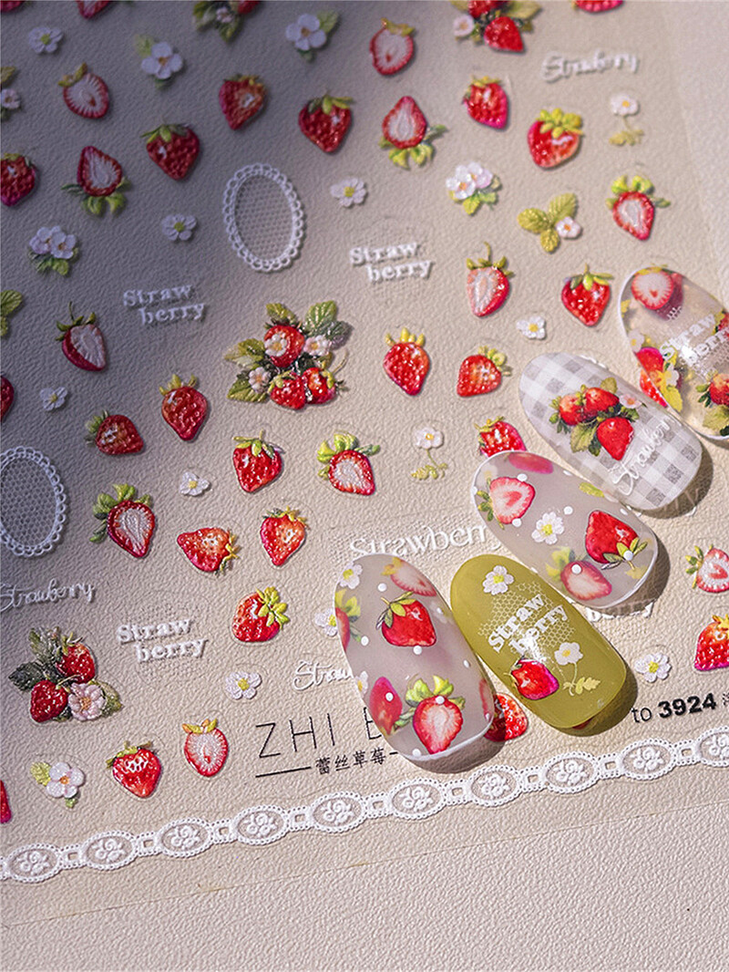 1 ΤΕΜ 5D αυτοκόλλητα νυχιών Lovely Rabbit Red Strawberry Μαλακά ανάγλυφα ανάγλυφα Αυτοκόλλητα αυτοκόλλητα νυχιών Αυτοκόλλητα για μανικιούρ