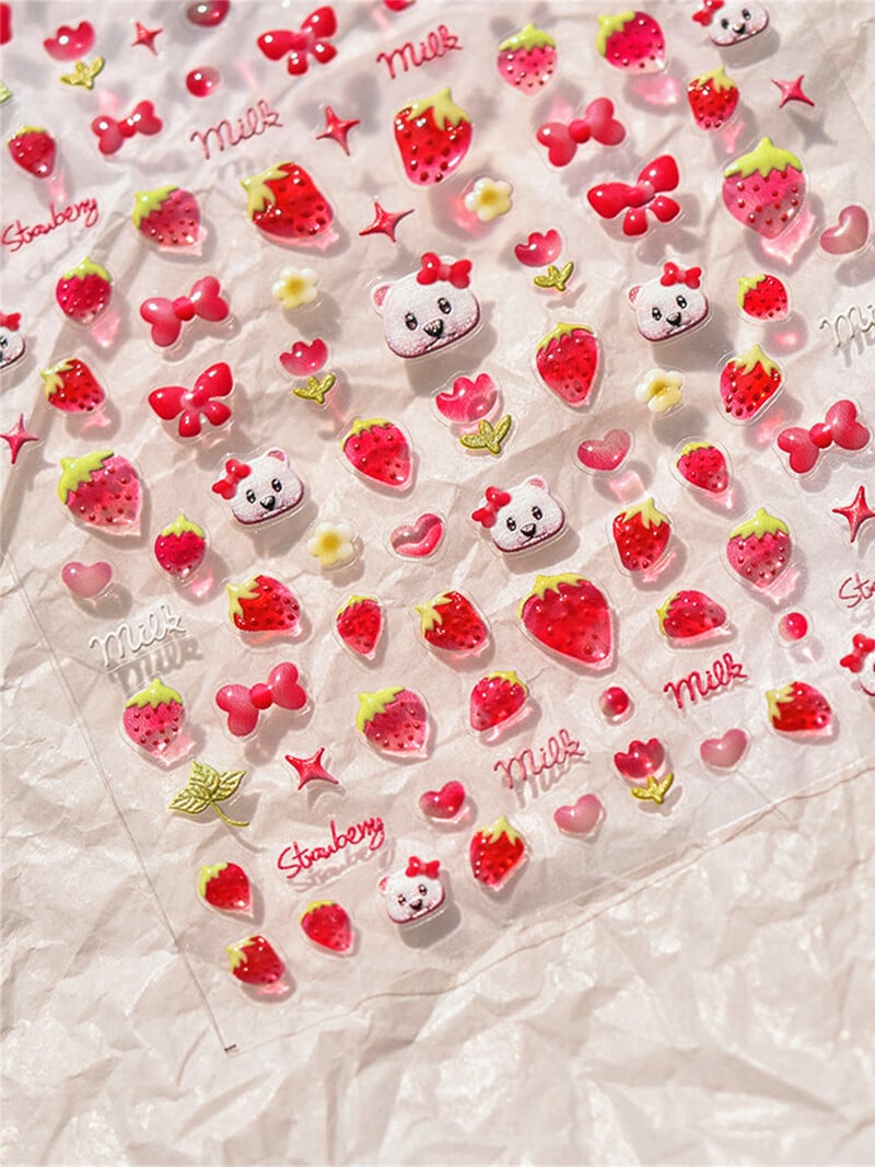 1 ΤΕΜ 5D αυτοκόλλητα νυχιών Lovely Rabbit Red Strawberry Μαλακά ανάγλυφα ανάγλυφα Αυτοκόλλητα αυτοκόλλητα νυχιών Αυτοκόλλητα για μανικιούρ
