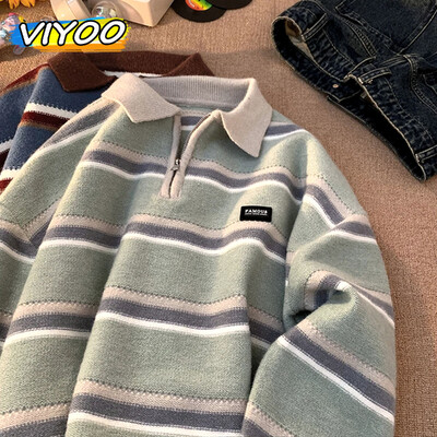 Japán Férfi Y2K Kötött Meleg Polo Kötött Csíkos Turtleneck Pulóver Ingek Téli Utcai Ruha Kötöttáru Koreai Ruházat Jumper Férfi