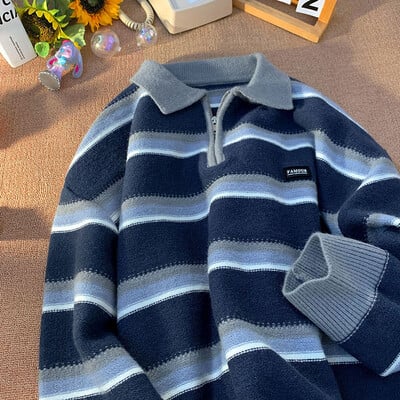 Ανδρικά πλεκτά πλεκτά πόλο της Ιαπωνίας Y2K Πλεκτά πουλόβερ με ριγέ ζιβάγκο πουλόβερ Χειμερινά streetwear Πλεκτά Κορεατικά ρούχα Jumper Ανδρικά