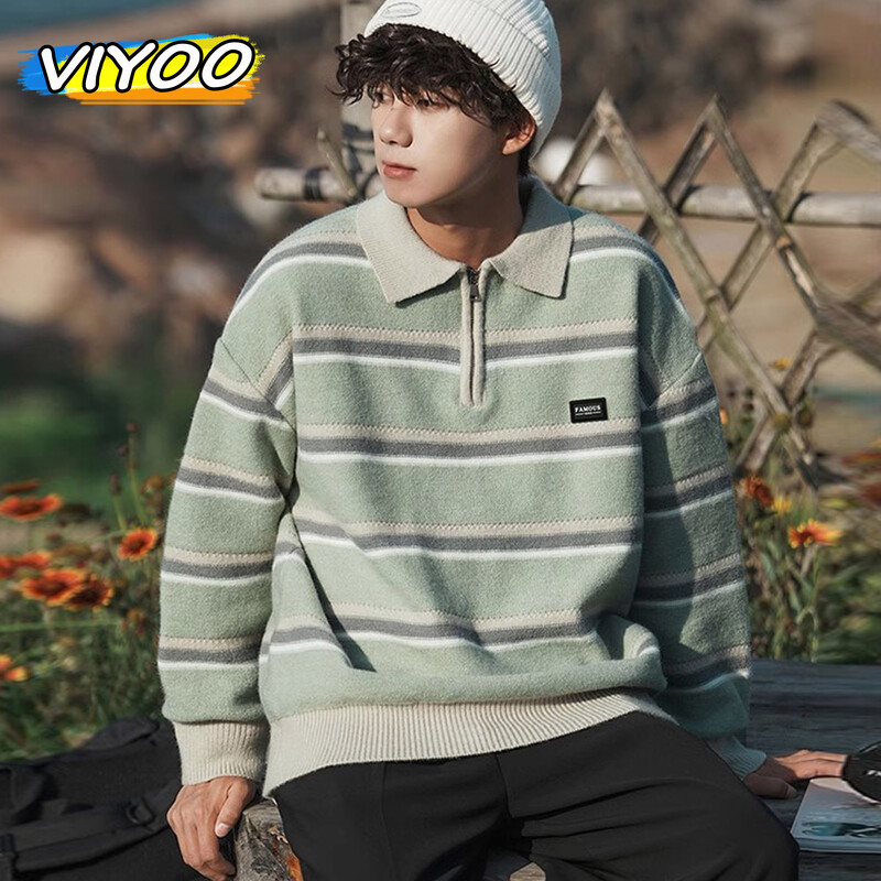 Ανδρικά πλεκτά πλεκτά πόλο της Ιαπωνίας Y2K Πλεκτά πουλόβερ με ριγέ ζιβάγκο πουλόβερ Χειμερινά streetwear Πλεκτά Κορεατικά ρούχα Jumper Ανδρικά