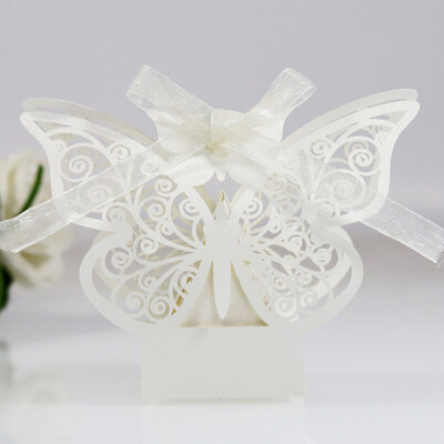 10 tk Butterfly kommikarbi laserlõigatud õõnsad kastid lindiga kuldne valge tänukarbik pulma-sünnipäevapeo tarvikute jaoks