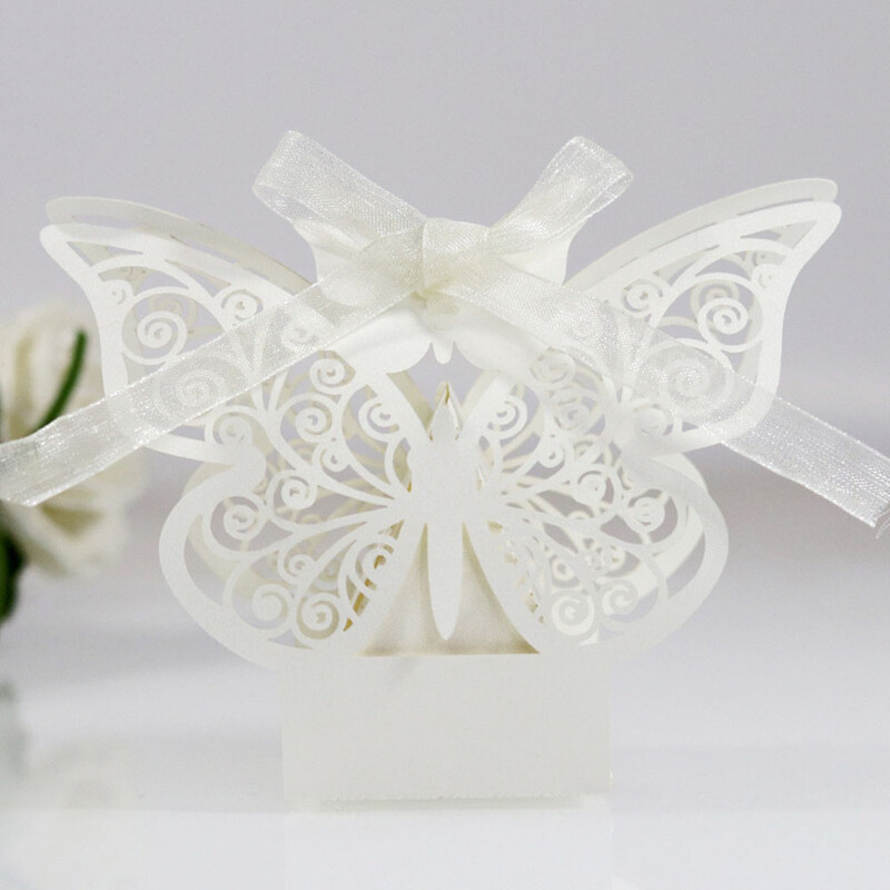 10 tk Butterfly kommikarbi laserlõigatud õõnsad kastid lindiga kuldne valge tänukarbik pulma-sünnipäevapeo tarvikute jaoks
