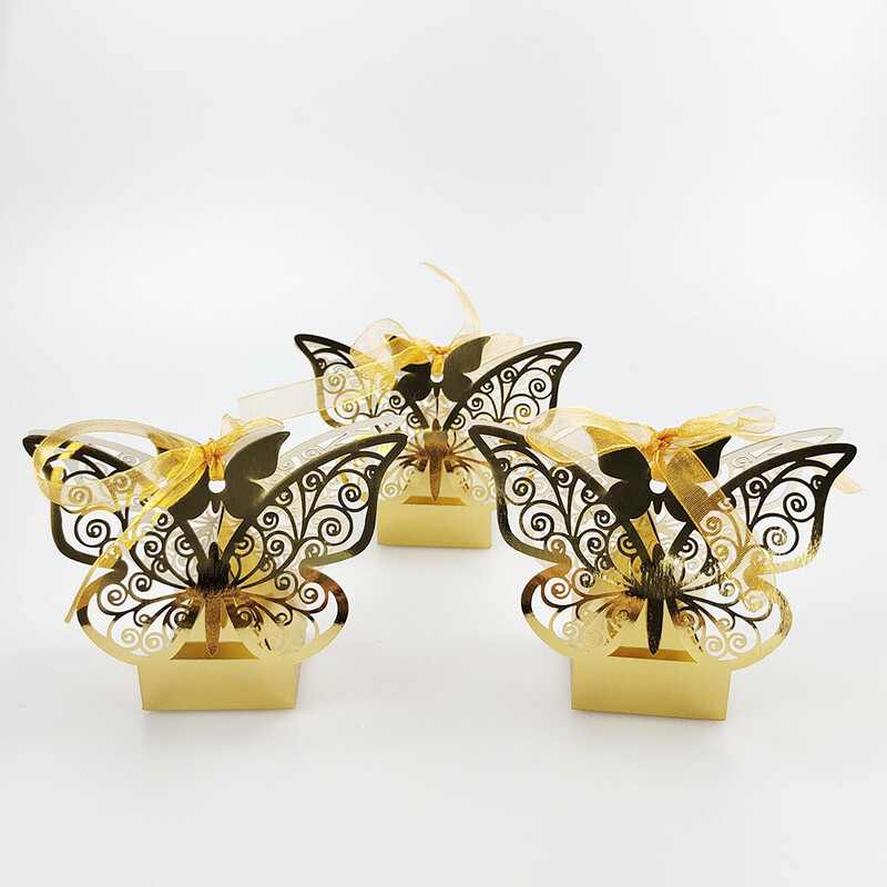 10 tk Butterfly kommikarbi laserlõigatud õõnsad kastid lindiga kuldne valge tänukarbik pulma-sünnipäevapeo tarvikute jaoks