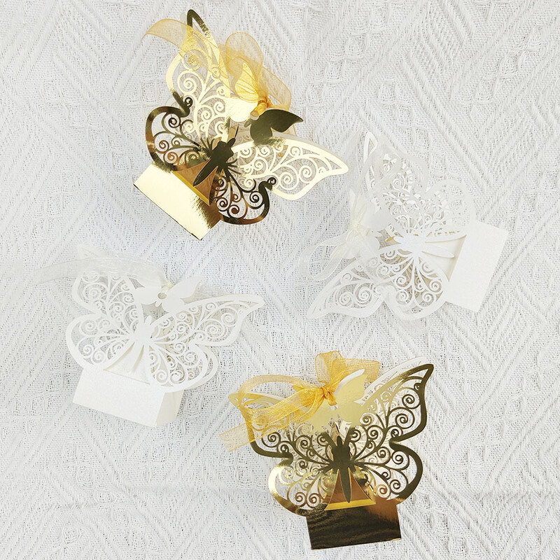 10 tk Butterfly kommikarbi laserlõigatud õõnsad kastid lindiga kuldne valge tänukarbik pulma-sünnipäevapeo tarvikute jaoks