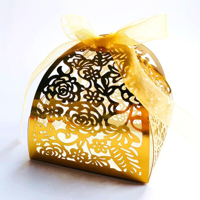 10 vnt. Rožių, Gėlių, Lazeriu Iškirptų Tuščiavidurių Dėžutės Auksinės Baltos Dovanų Saldainių Dėžutės su Kaspinu Vestuvių Kūdikių Vakarėlio reikmenims