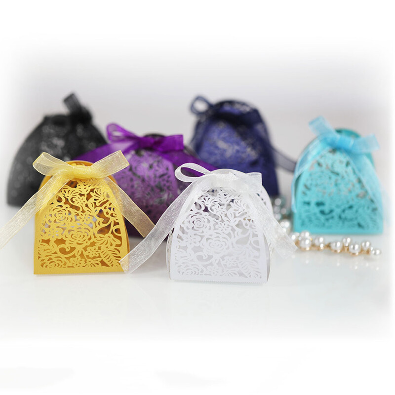 10 vnt. Rožių, Gėlių, Lazeriu Iškirptų Tuščiavidurių Dėžutės Auksinės Baltos Dovanų Saldainių Dėžutės su Kaspinu Vestuvių Kūdikių Vakarėlio reikmenims